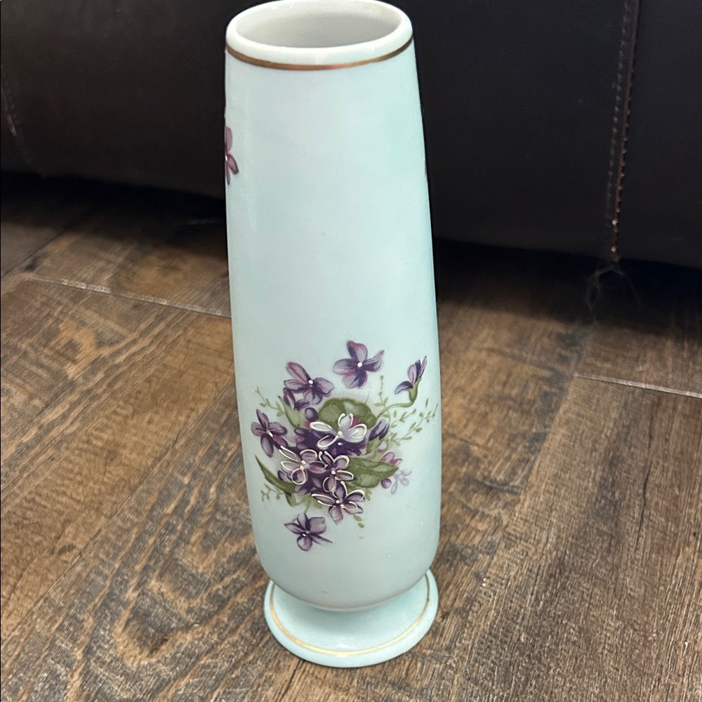 Vintage Norleans Japan‎ Blue Satin Bud Vase with Purple Violets Hand Painted